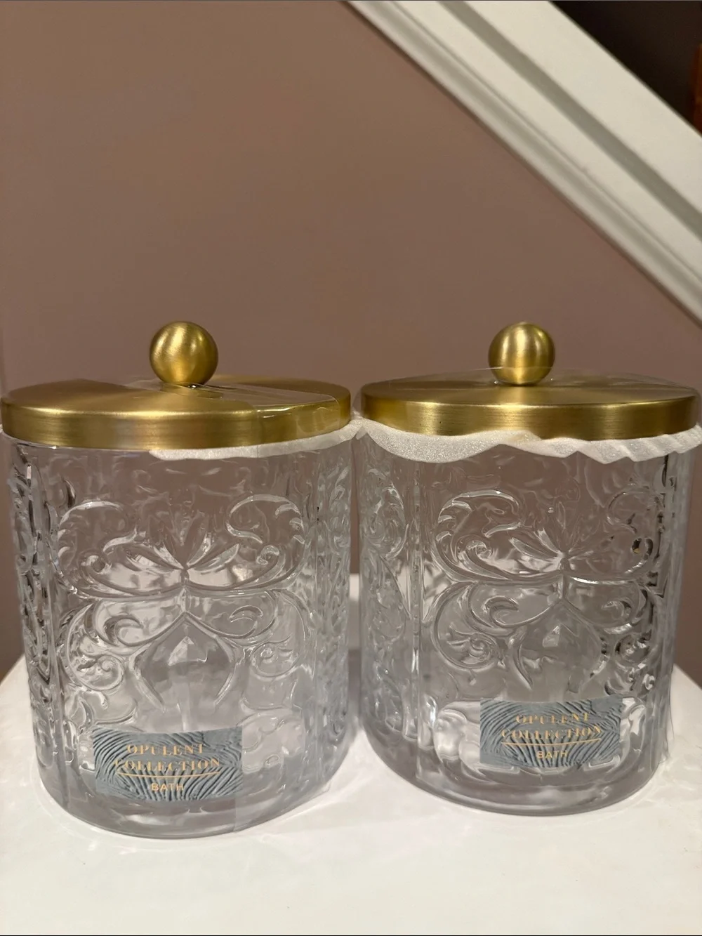 Opulent Collection Embossed Glass Bath Storage Jars, Set of 2